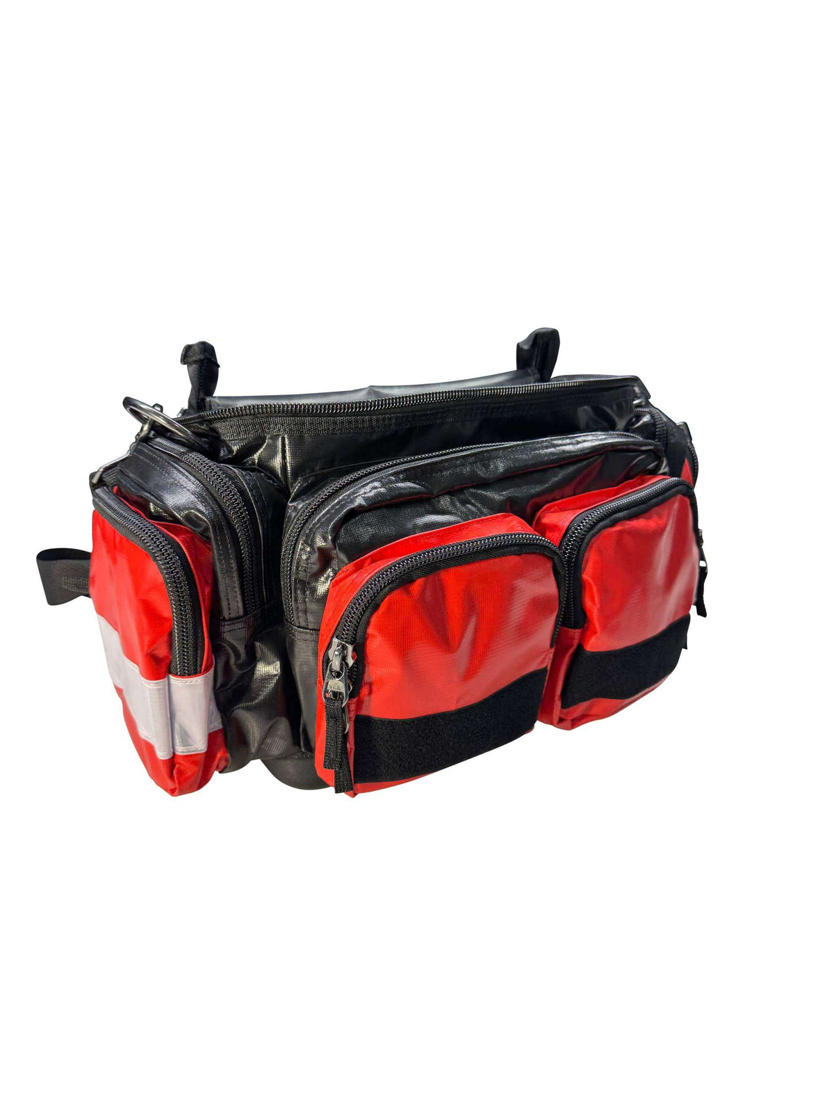 Black and red Shutdown Essentials tool bag with hard moulded base and multiple pockets