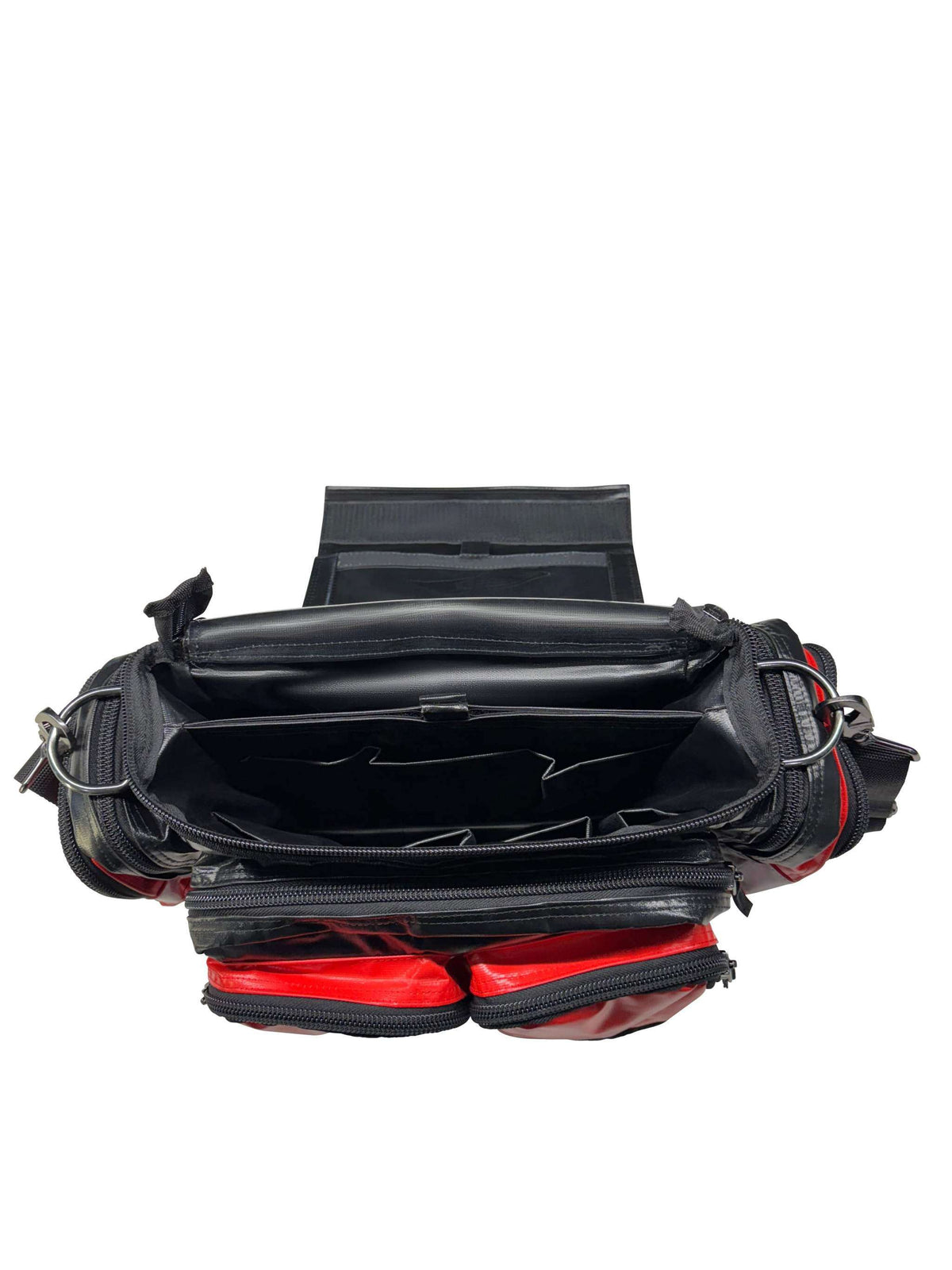 black red shutdown essentials tool bag with hard moulded base and multiple pockets