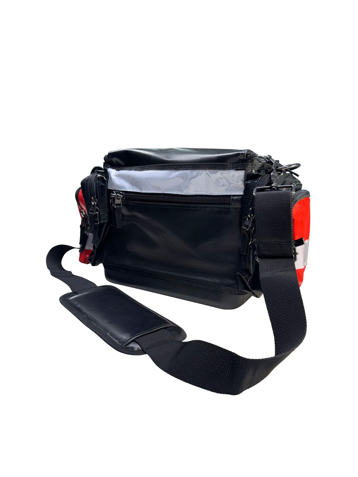 Black and red Shutdown Essentials tool bag with hard moulded base and multiple pockets