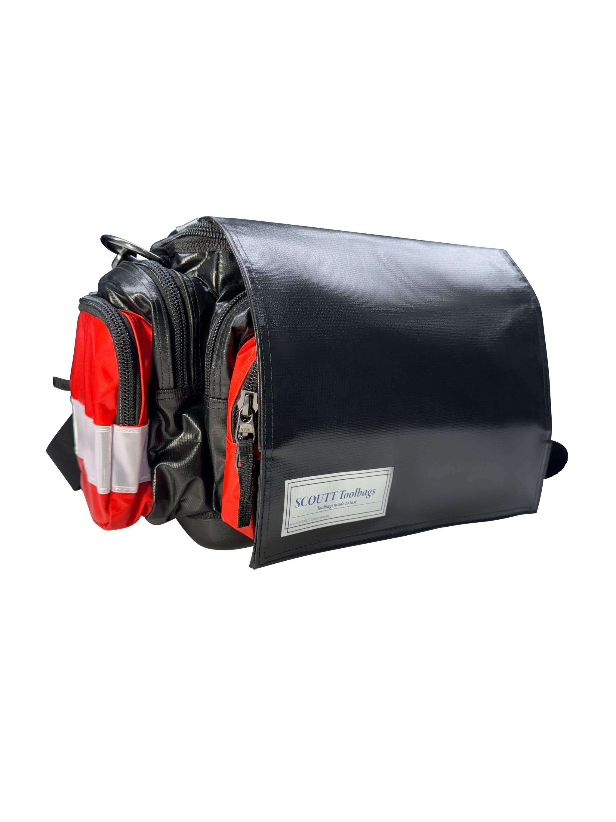 Black red Shutdown Essentials tool bag with hard moulded base and multiple pockets