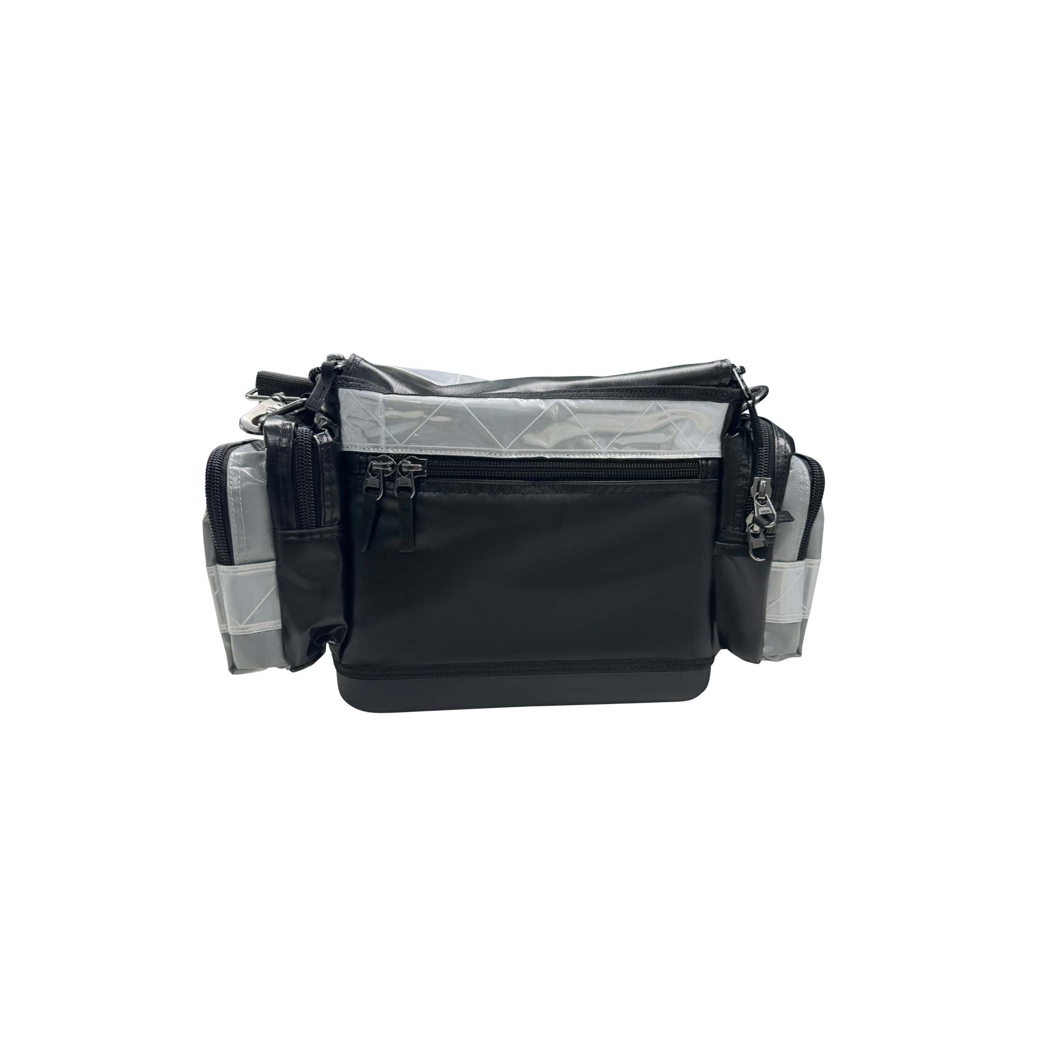 Black and grey shutdown essentials tool bag with hard moulded base and multiple pockets