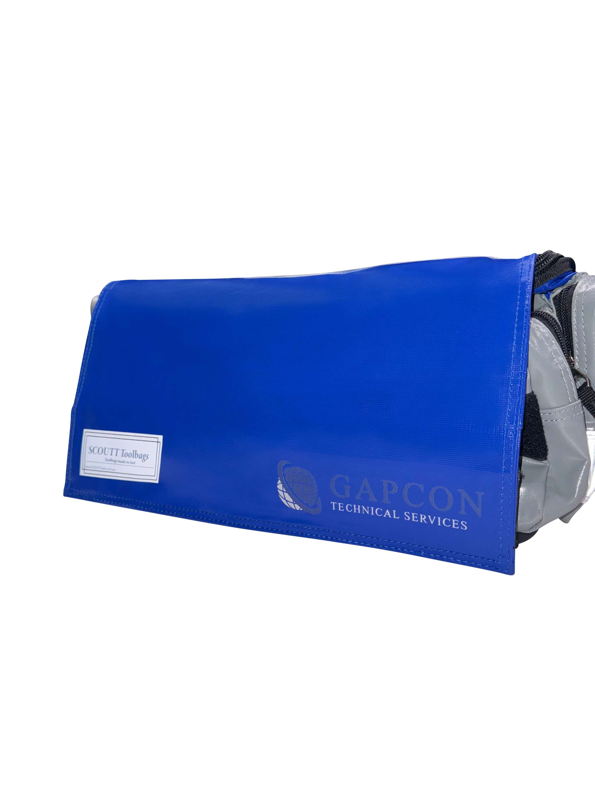 Customizable tool bag with personalized logo option on blue front flap.