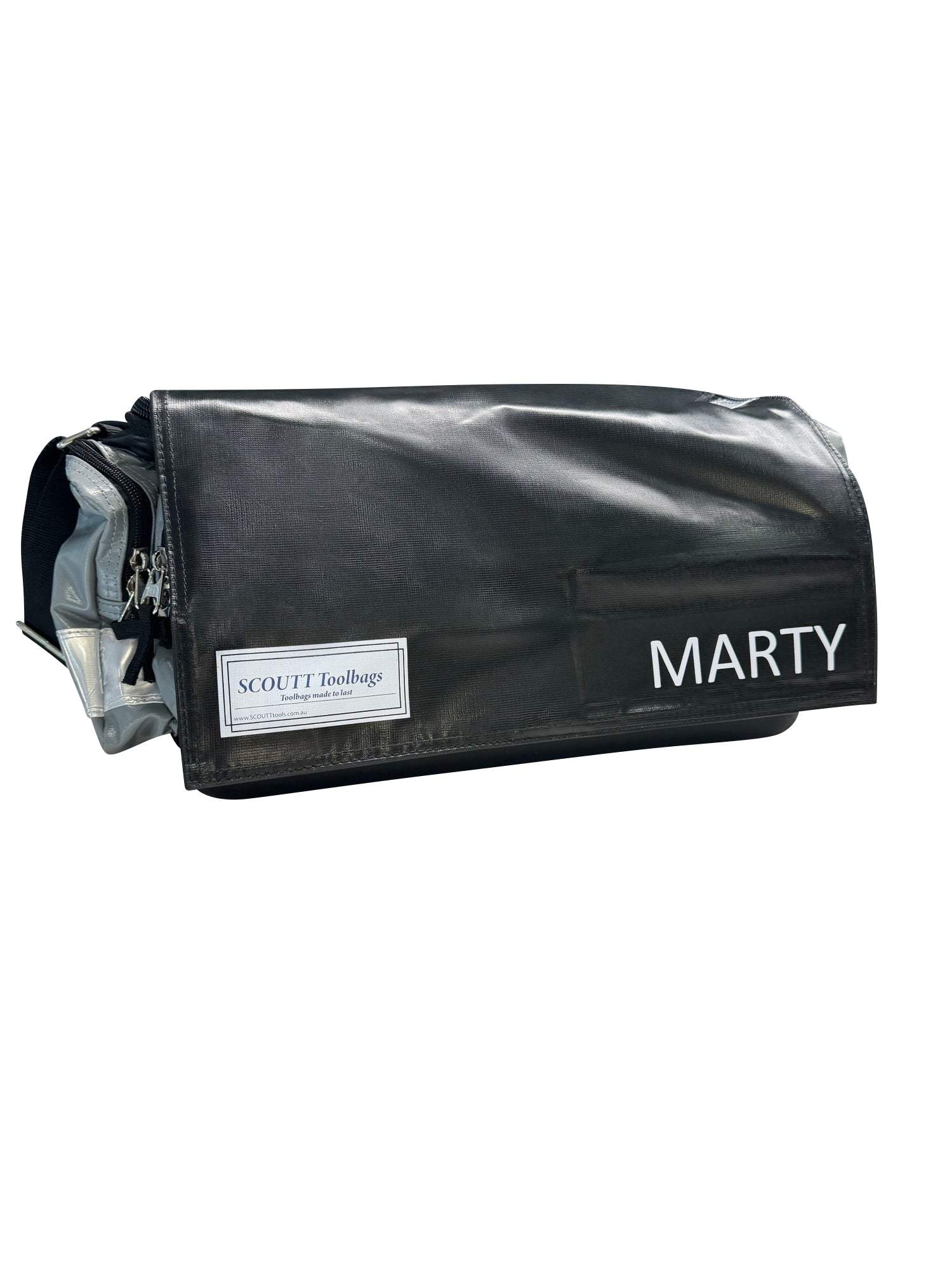 Customizable tool bag with personalized name or logo on front flap.