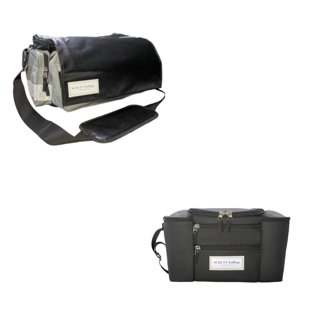 Deluxe heavy duty Scoutt tool bag and premium insulated crib bag bundle with stainless steel ruler