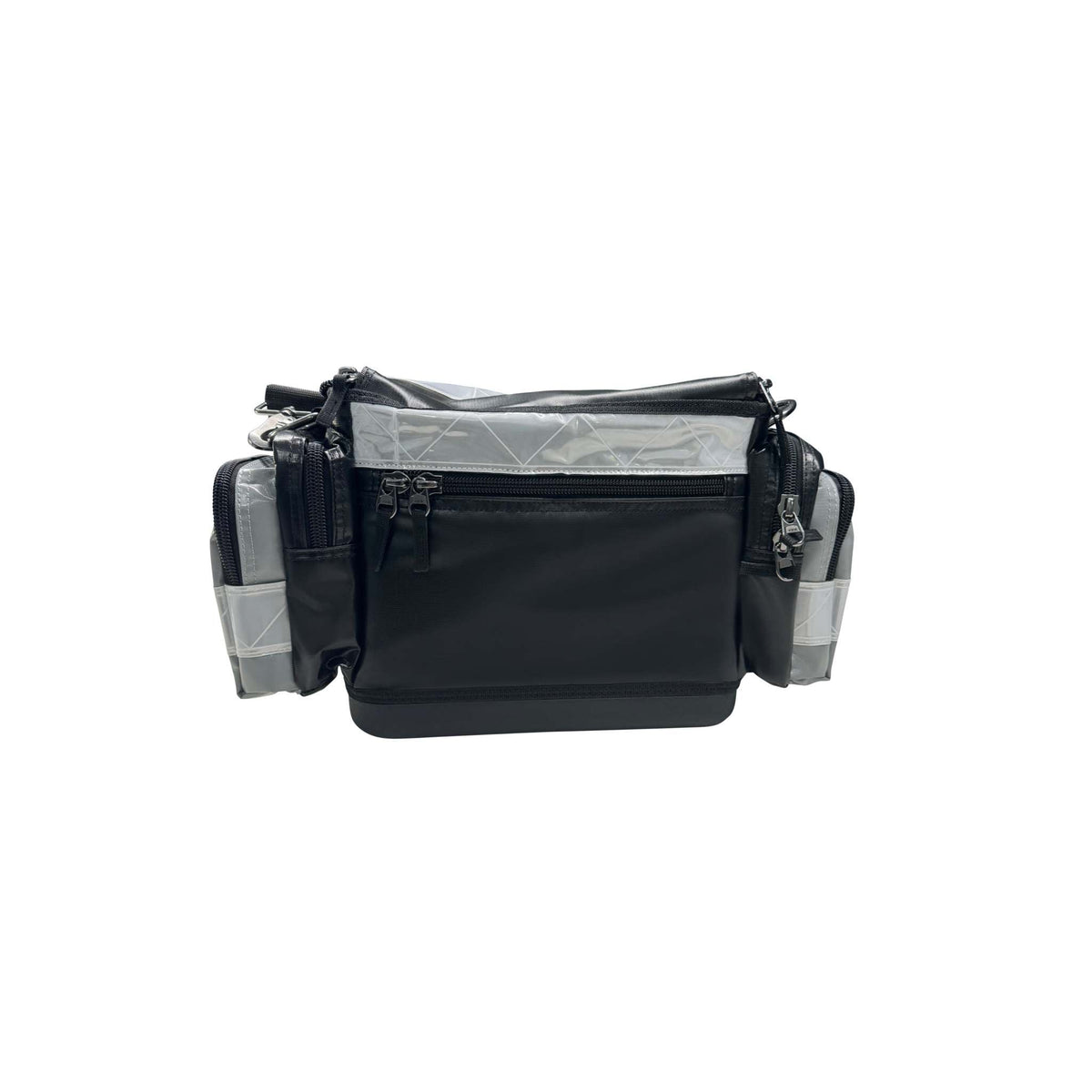 Black and grey shutdown essentials tool bag with hard moulded base and multiple pockets